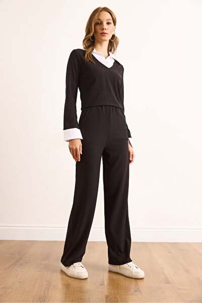 Olalook Women's Black Shirt Detailed Top with Pocket Bottom Ottoman Set Tkm-19000433