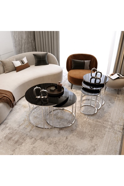 Nies Aksesuar ARMONİ YAVRULU ORTA SEHPA VE 3'LÜ ZİGON GÜMÜŞ KAPLAMA SİYAH CAM