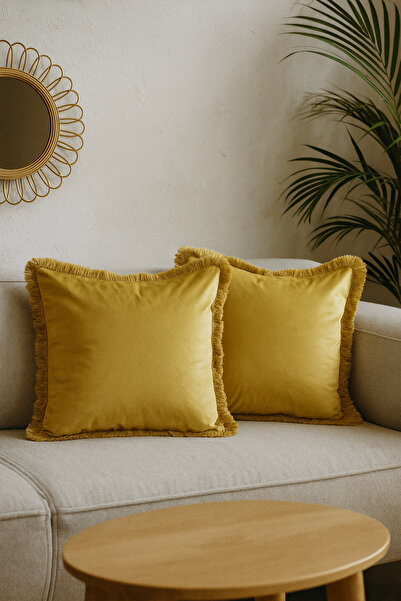 Nart Home طقم من قطعتين من أغطية وسائد مزخرفة ذات حواف مهدبة، لون الخردل، مقاس 43x43