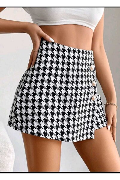 HMZ GOLD Houndstooth Pattern Shorts Skirt Casual Shorts Skirt with Button Detail