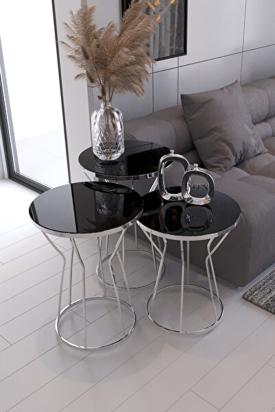 Nies Aksesuar KUM SAATİ 3'LÜ ZİGON VE ORTA SEHPA GÜMÜŞ KAPLAMA SİYAH CAM