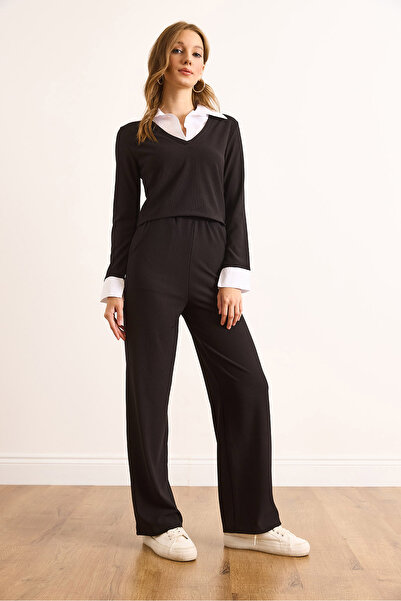 Olalook Women's Black Shirt Detailed Top with Pocket Bottom Ottoman Set Tkm-19000433