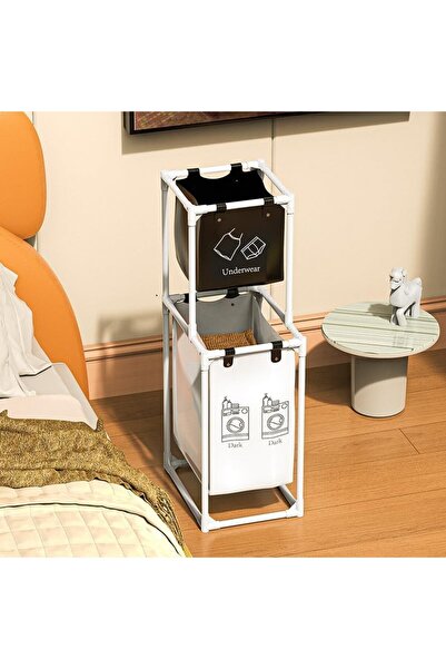 Flippy Coș de rufe pliant, 2 niveluri, 2 coșuri, cadru din oțel inoxidabil, 97x44x31 cm, alb