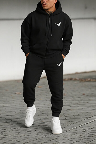 mercoledi Minimal cu imprimeu Set de trening pentru bărbați cu fermoar cu glugă set supradimensionat Buzunar cangur