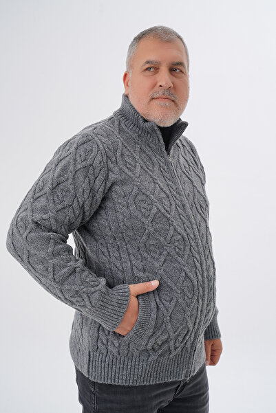 Trist Star Plus Size Men's Dark Gray Pocket Zipper Detailing Hair Braided Wool Cardigan Trist-2120