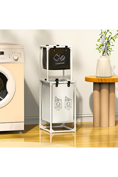 Flippy Coș de rufe pliant, 2 niveluri, 2 coșuri, cadru din oțel inoxidabil, 97x44x31 cm, alb