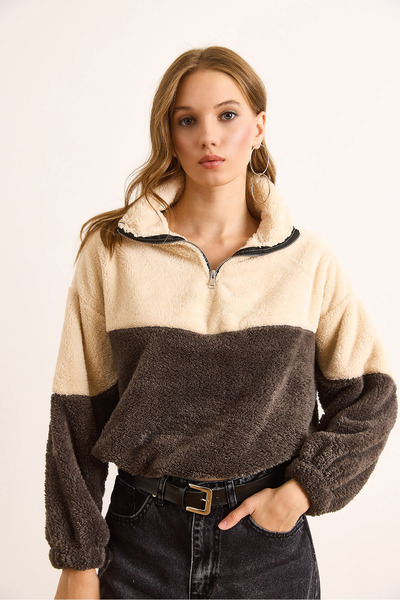 Olalook Women's Anthracite Ecru Zippered Color Block Plush Sweatshirt Swt-19000733