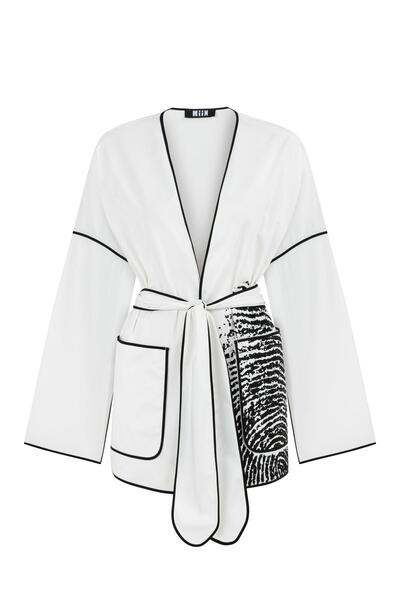 MİİN BEYAZ PARMAK İZİ BASKILI KUŞAKLI KADIN CEKET