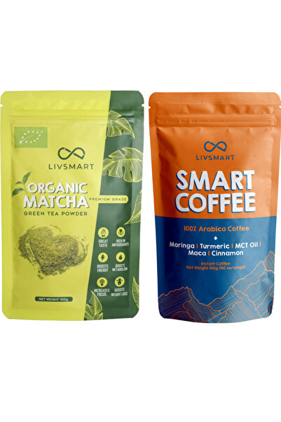 LIVSMART ماتشا خضراء عضوية وقهوة ذكية 100 جرام لكل منهما