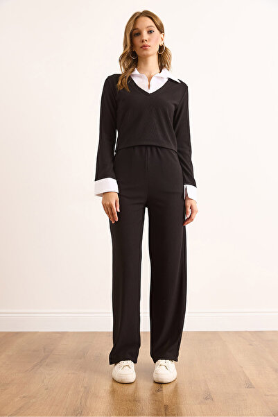 Olalook Women's Black Shirt Detailed Top with Pocket Bottom Ottoman Set Tkm-19000433