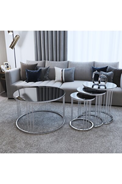 Nies Aksesuar ELZEY 3'LÜ ZİGON VE ORTA SEHPA GÜMÜŞ KAPLAMA FÜME AYNA