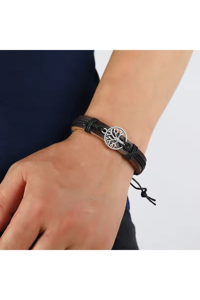 PriStyle Bratara Personalizata Unisex, cu Gravura Metalica Copacul Vietii, din Piele Ecologica si Snur cu Lun