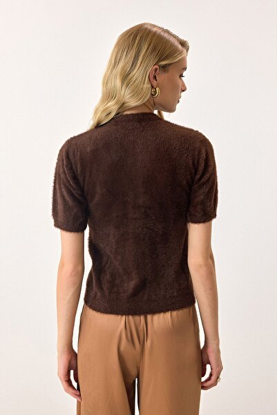 VAGGON Women's Bitter Brown Short Sleeve Buttoned Knitwear Cardigan Vs00892