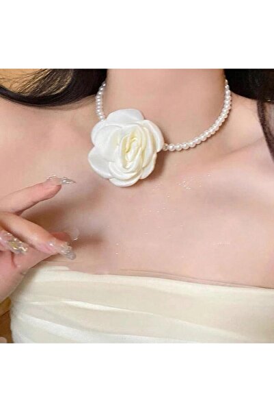 Pursehuit Κολιέ choker, με μαργαριτάρια και λευκό λουλούδι βουτύρου, Bedine C14