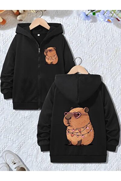 MORNİNG KİDS Girl-Boy Black Glasses Capybara Front-Back Printed Hooded Zipper...