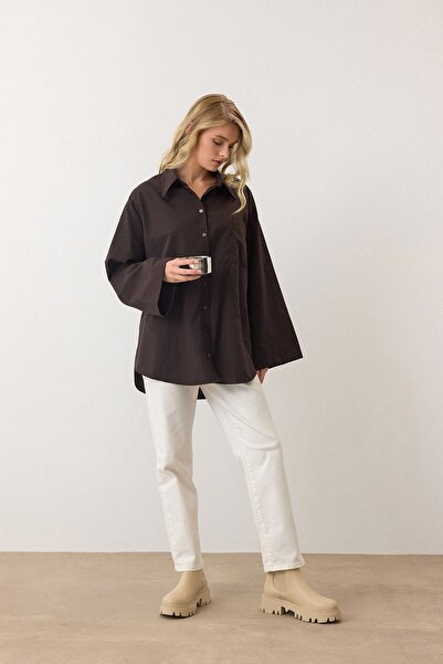 VAGGON Women's Brown Long Sleeve Oversize Poplin Shirt Vs00925