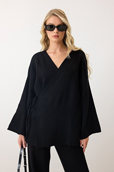 VAGGON Жіночий чорний V-подібний комір з поясом, широкі штани, двокомпонентний комплект Vs00889