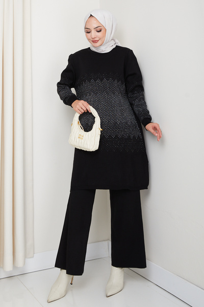 FERHEL Elegance Silvery Woven Comfortable Fit Women's Tunic and Pants Hijab Knitwear Set