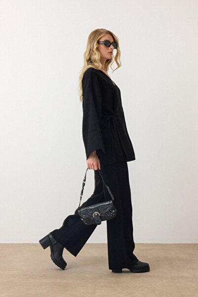 VAGGON Жіночий чорний V-подібний комір з поясом, широкі штани, двокомпонентний комплект Vs00889