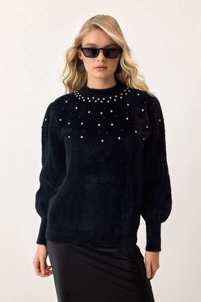 VAGGON Pulover negru pentru femei, cu gât rotund, tricotat, Vs00901