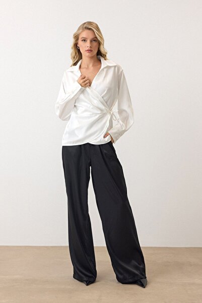 VAGGON Women's White Double Breasted Collar Belted Satin Blouse Vs00921