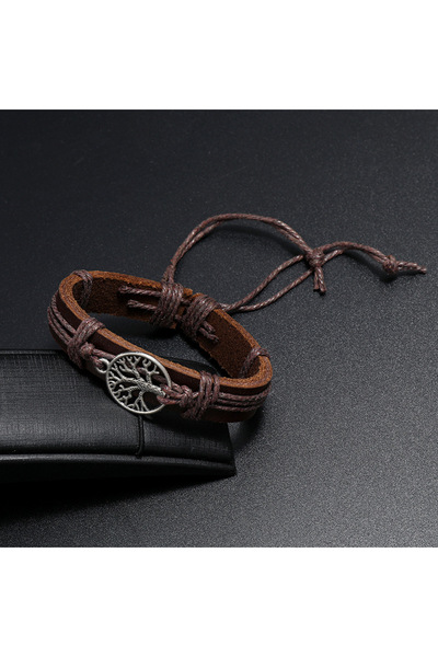 PriStyle Bratara Personalizata Unisex, cu Gravura Metalica Copacul Vietii, din Piele Ecologica si Snur cu Lun