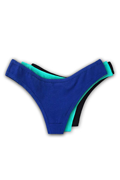 PriStyle Set of 3 Women's Tanga Underwear, Multicolor 3 Colors, Turquoise, Blue, Black, Cotton
