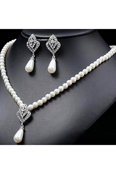 Pursehuit Σετ κολιέ και σκουλαρίκια, ασημί χρώμα, με μαργαριτάρια και πέτρες,...