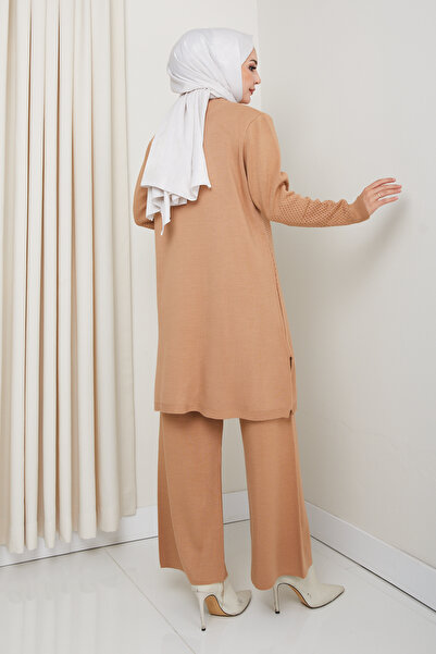 FERHEL Elegance Silvery Woven Comfortable Fit Women's Tunic and Pants Hijab Knitwear Set