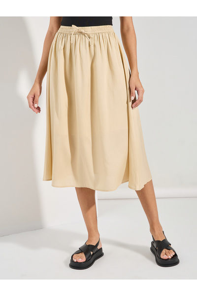 Styli Solid A-Line Midi Skirt with Drawstring