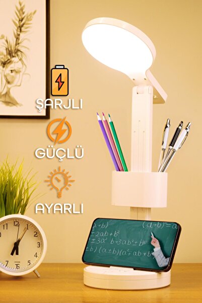 BK Commerce Dokunmatik Şarjlı Masa Lambası Kalemlikli Telefon Standlı Ayarlı Ders Çalışma Okuma Işığı S9