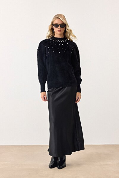 VAGGON Pulover negru pentru femei, cu gât rotund, tricotat, Vs00901