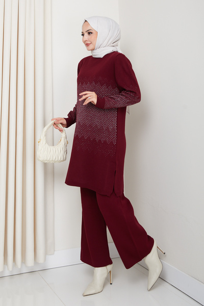 FERHEL Elegance Silvery Woven Comfortable Fit Women's Tunic and Pants Hijab Knitwear Set