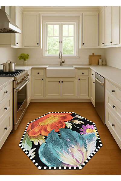 Brillant Sekizgen Dama Desen Çiçekli Lateks Taban Halı