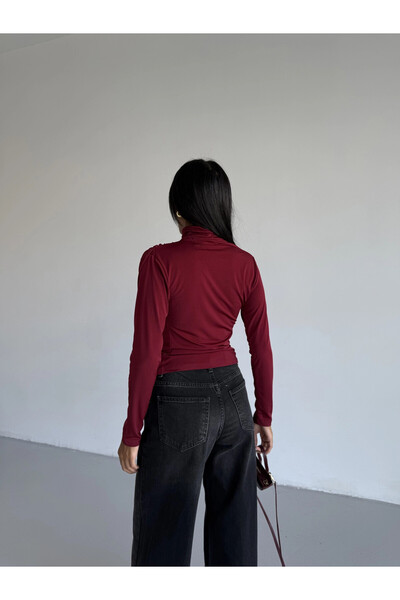 hazelin Women's Burgundy Long Sleeve Drape Detailed High Neck Sandy Blouse Hzl25W-Fry123301