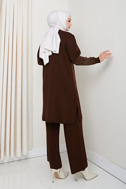 FERHEL Elegance Silvery Woven Comfortable Fit Women's Tunic and Pants Hijab Knitwear Set