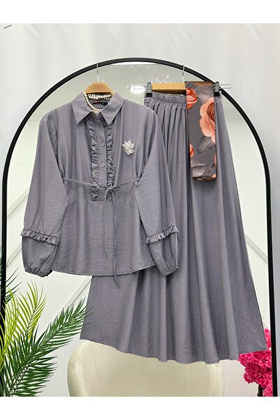 YEDİLALE Flower Brooched Skirt and Bluse Double Set 4906