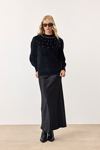 VAGGON Pulover negru pentru femei, cu gât rotund, tricotat, Vs00901