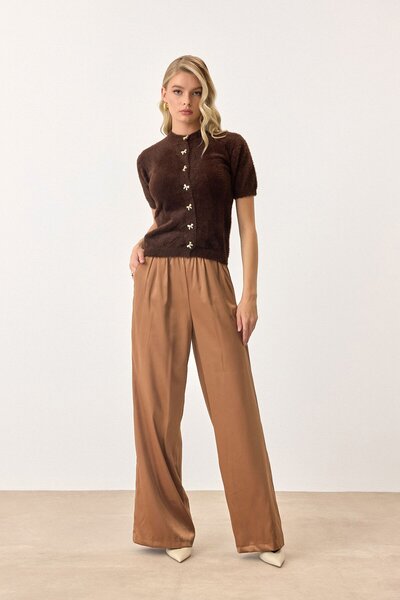 VAGGON Women's Bitter Brown Short Sleeve Buttoned Knitwear Cardigan Vs00892