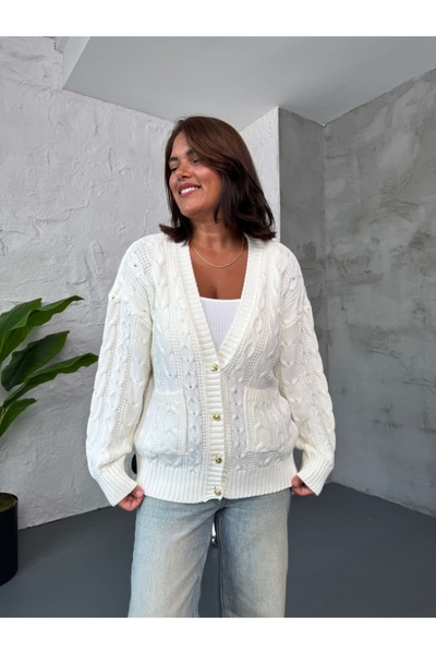 Elif Özbey Butik White Hair Braided Cardigan with Pockets