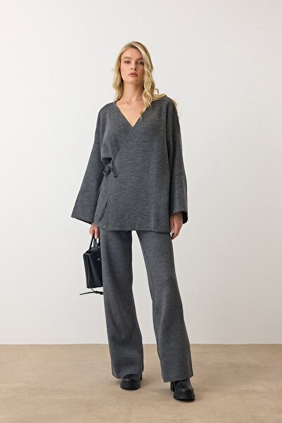 VAGGON Жіночий антрацитовий V-подібний комір з поясом, широкі штани, двокомпонентний комплект Vs00889