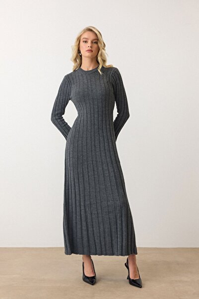 VAGGON Γυναικείο πλεκτό φόρεμα με μακρύ μανίκι ανθρακί χρώματος Vs00887