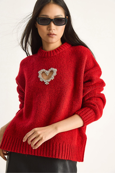 Bianco Lucci Women's Heart Detailed Stone Embroidered Knitwear Sweater 60261249