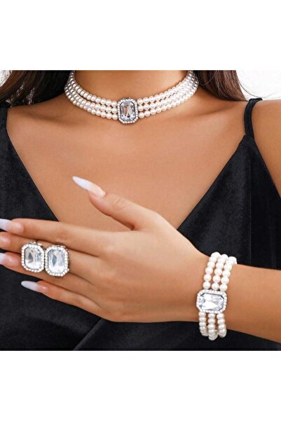 Pursehuit Σετ κολιέ, σκουλαρίκια και βραχιόλι choker, ασημί χρώμα, με μαργαρι...