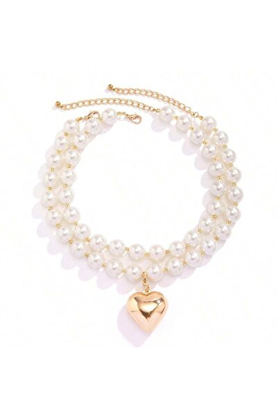 Pursehuit Set de 2 coliere aurii, cu perle și pandantiv inimă, Olive C3