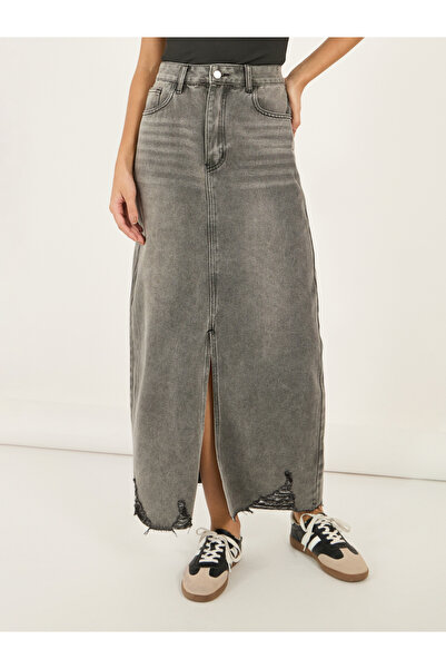 Styli Ripped Hem Denim Maxi Skirt with Front Slit Detail