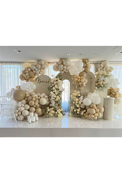 BALON DİYARI 50 Pieces Pastel and Chrome Balloon Chain Set (White, Sea Sand and Chrome Gold Color Balloons)