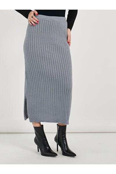 Styli Ribbed Knit Midi Skirt with Side Slit