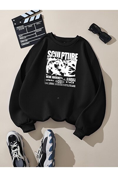 BENROMA Φούτερ με λαιμόκοψη ποδηλατικού τύπου, με στάμπα με γλυπτική χτένισμα με 3 νήματα, unisex, oversize