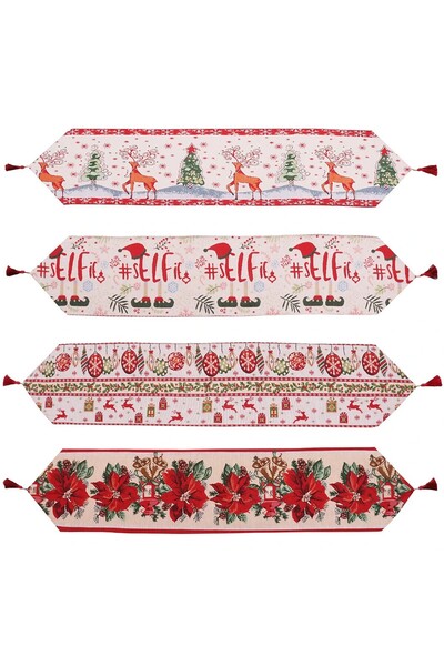 Flippy Christmas Table Runner Flippy, Knitted Heavy Fabric, Red Flower Pattern, 173x34x0.2 cm, White/Red